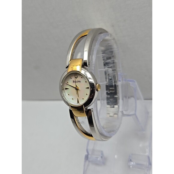Bulova Ladies Two Tone Bangle Watch MOP Dial Quartz New Battery 22mm Dress Style - Picture 2 of 10
